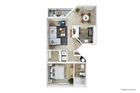Floor plan for 1 bed, 1 bath, 691 sqft